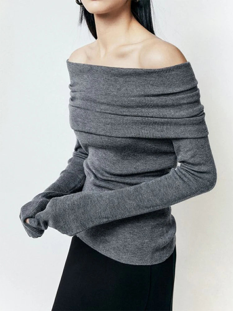 Slash Neck Sweater Women Tops Knitted Slim Basic All-match Sexy