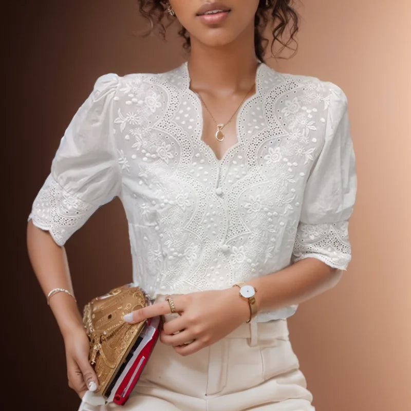 Summer Embroidery Puff Sleeve Linen Cotton Women Blouse Spring Casual