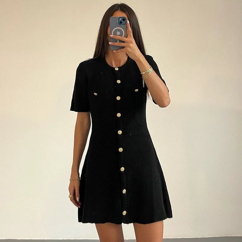 White Elegant Knitted Mini Dress For Women Metal Button Sexy Slim Rib