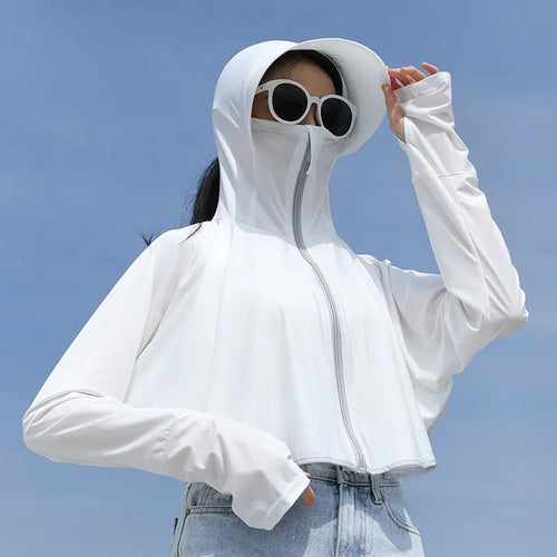 UPF 50+ Women Sunscreen Hoodie Solid Color Thin Ice Silk Summer UV