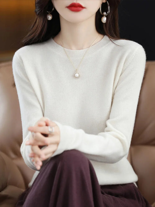 Fashion 100% Merino Wool Women's Sweater O-Neck Long Sleeve Pullover