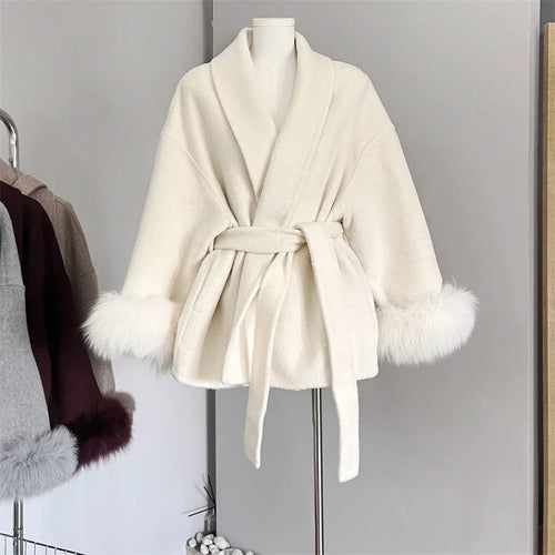 TARUXY Fox Fur Woolen Coats Women's Short Coat Office Lady Removable