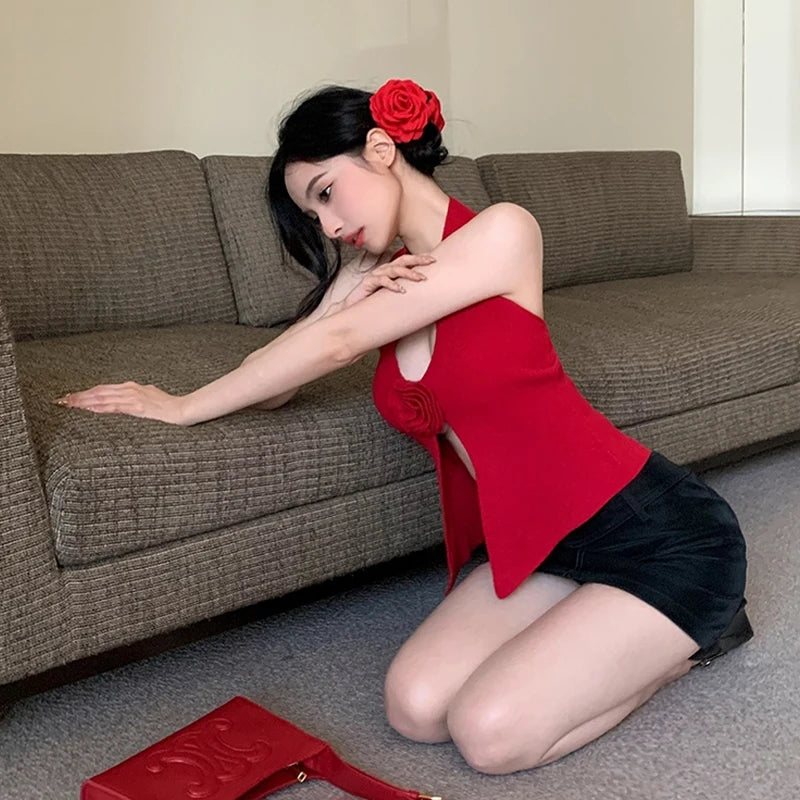 Summer Sweet Flower Knitted Camisole Women's Sexy Halter V-neck