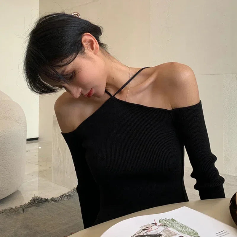 Women Crop Sweater Sexy Off Shoulder Slim Knitted Sweaters Long Sleeve