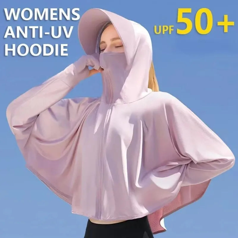 UPF 50+ Women Sunscreen Hoodie Solid Color Thin Ice Silk Summer UV