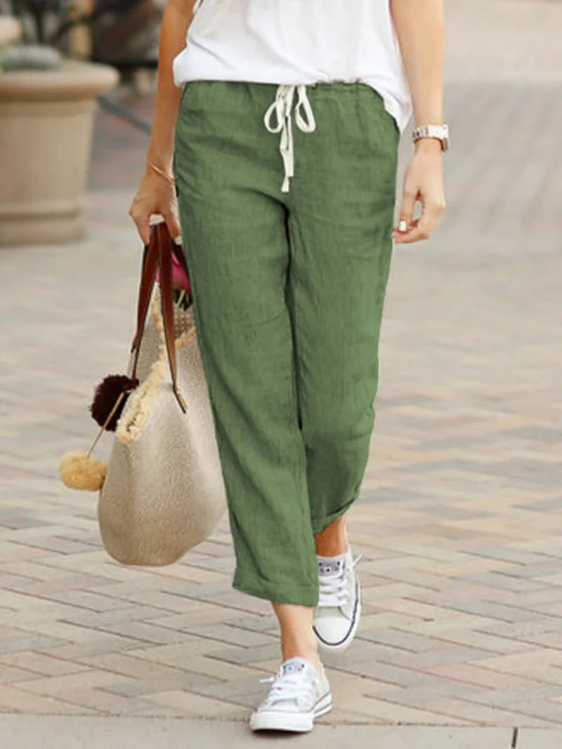 Elegant Solid Slimple Pant Fashion Women Drawstring Cropped Elastic