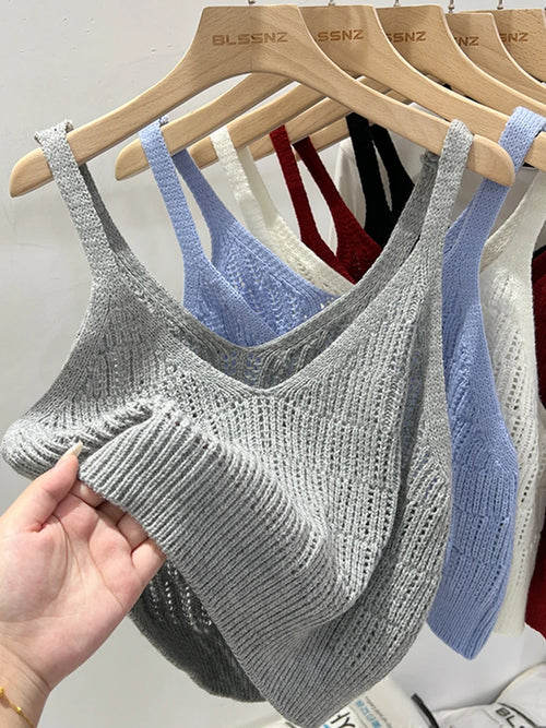 Korea Knitted Vests Women Top V-neck Solid Tank Blusas Mujer De Moda