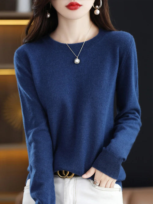 Fashion 100% Merino Wool Women's Sweater O-Neck Long Sleeve Pullover