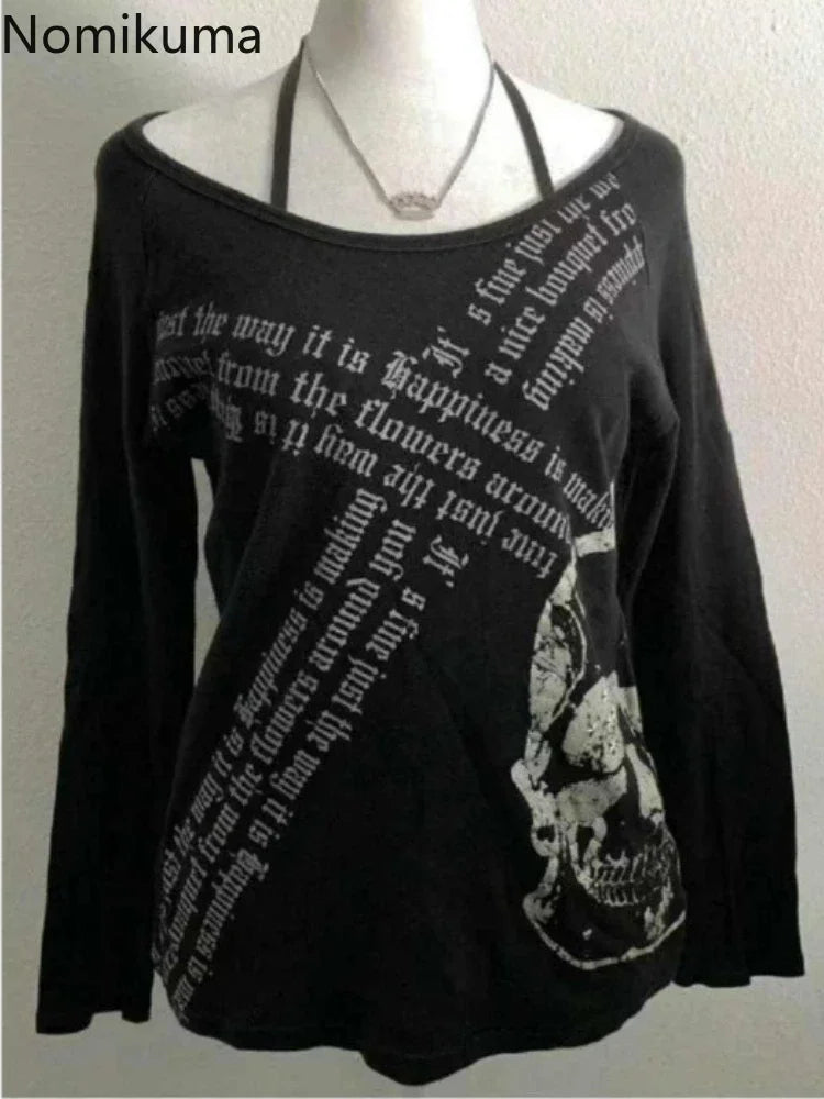 Harajuku T Shirts for Women Skull Print Slash Neck Y2k Tops Fashion