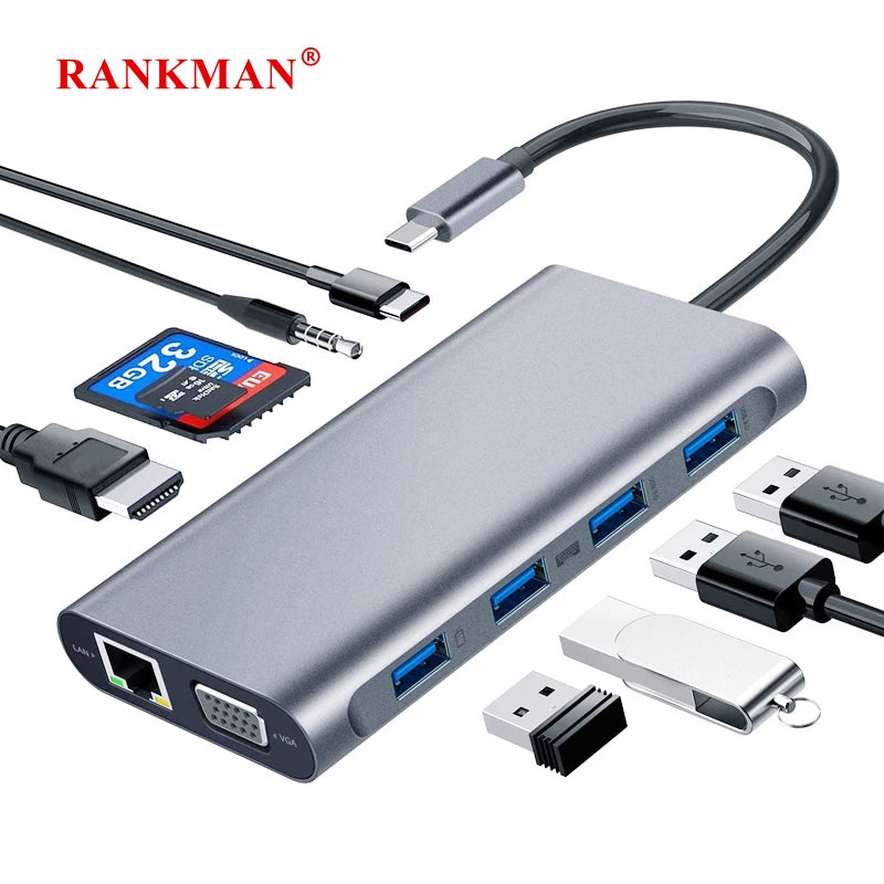 USB Type C Hub 11 in 1 RJ45 Lan 4K HDMI-Compatible VGA SD TF USB 3.0