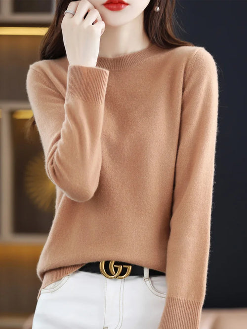 Fashion 100% Merino Wool Women's Sweater O-Neck Long Sleeve Pullover