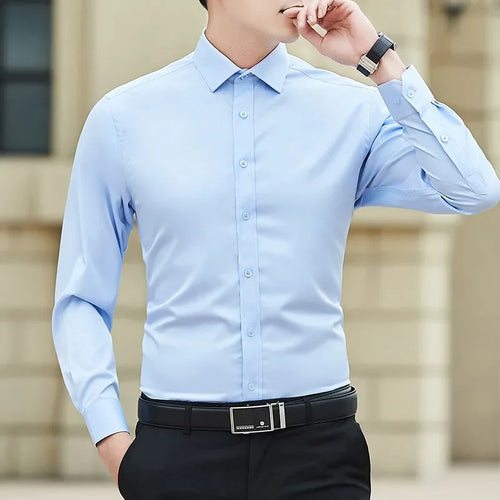 New Plus Size 8XL Men Solid Color Business Shirt Long Sleeve Shirt