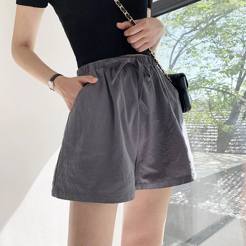 Cotton Linen Shorts Women's Sports Shorts Summer Solid High Waist