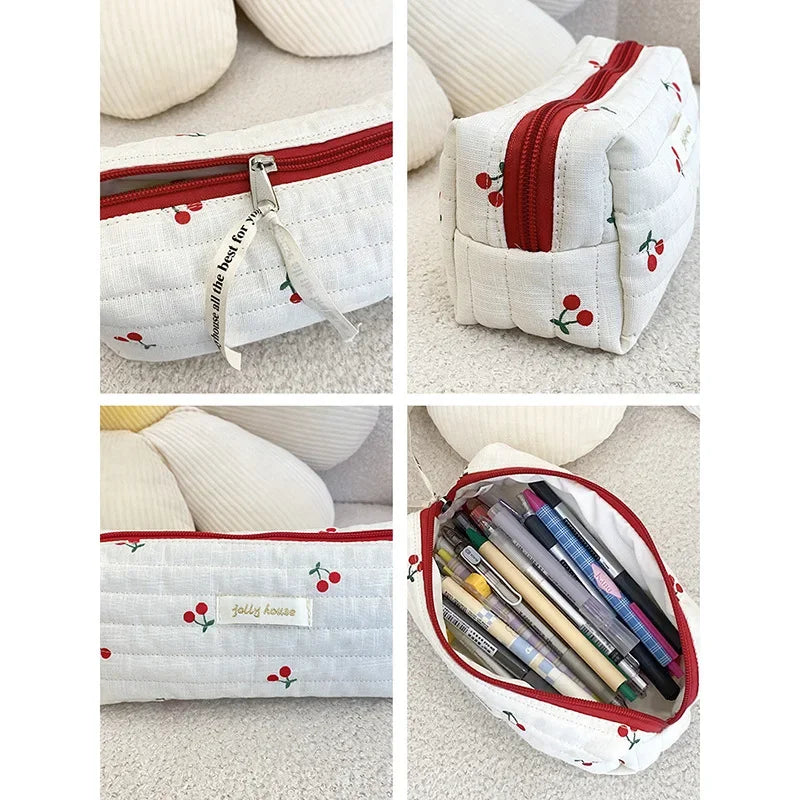 Quilted Cotton Ladies Travel Storage Bag Retro Cherry Women's Cosmetic