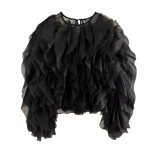 TWOTWINSTYLE Ruffles Shirts For Women O Neck Lantern Sleeve Loose