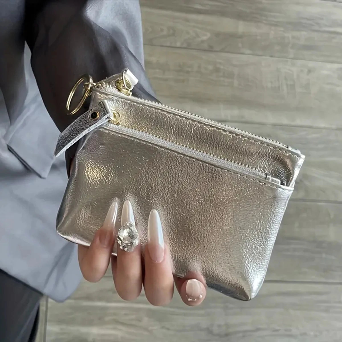 Silver zipper small wallet for women. Top layer cowhide mini pouch.