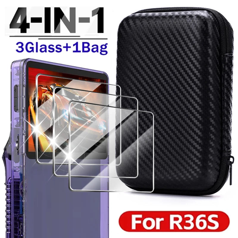 4 IN 1 Case+Glass for R36S Game Console Travel Carrying Storage Bag &