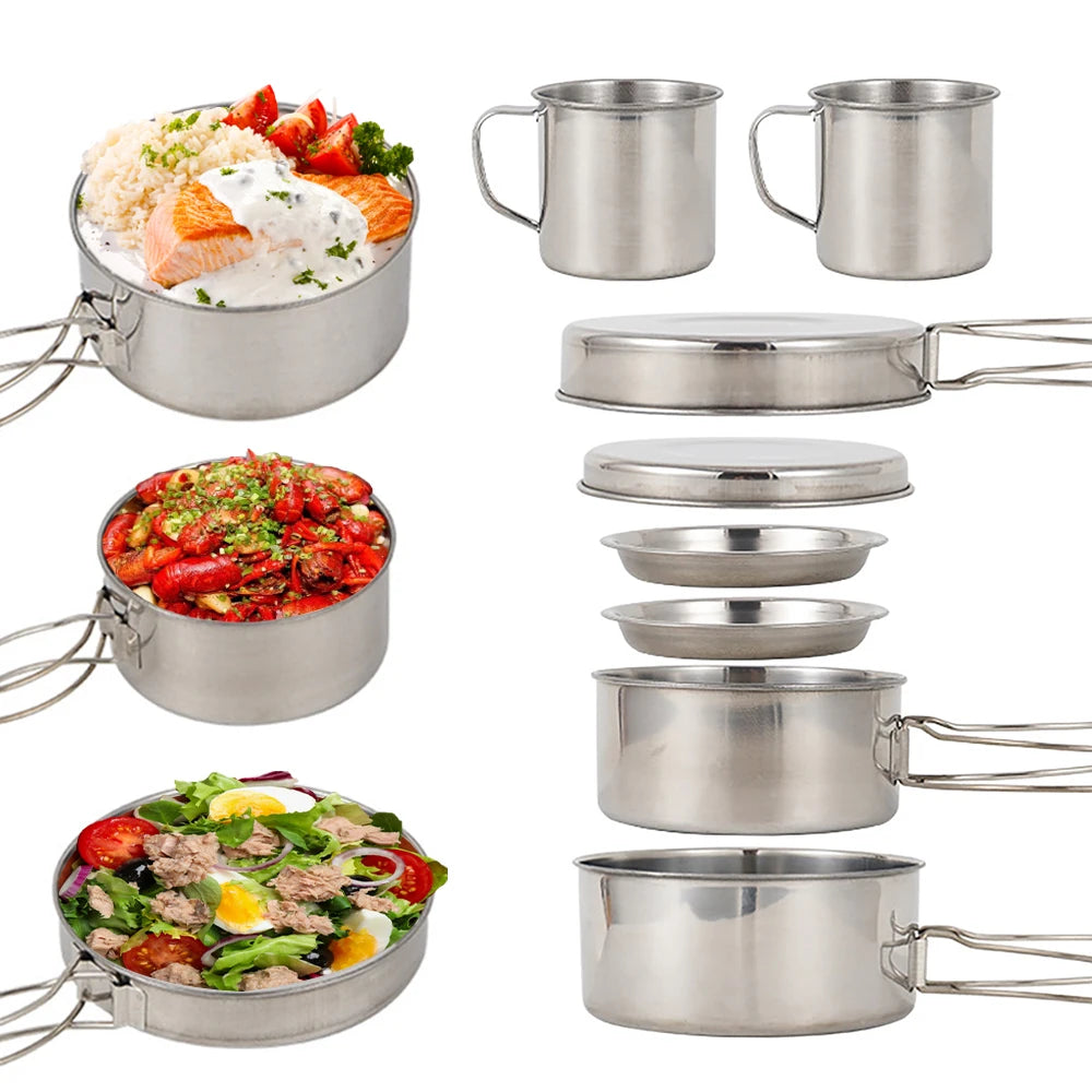 8pcs/Set Camping Cookware Mess Kit Stainless Steel Cooking Pot and Pan