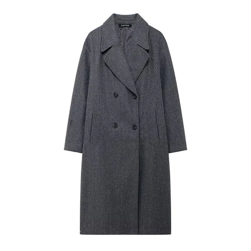 TRAFZA Winter Coat For Women 2024 Solid Lapel Double Breasted Long
