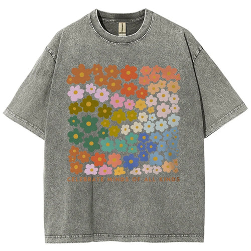 100% Color Flower Letter Print T-Shirt Loose Retro Old Shoulder Wash