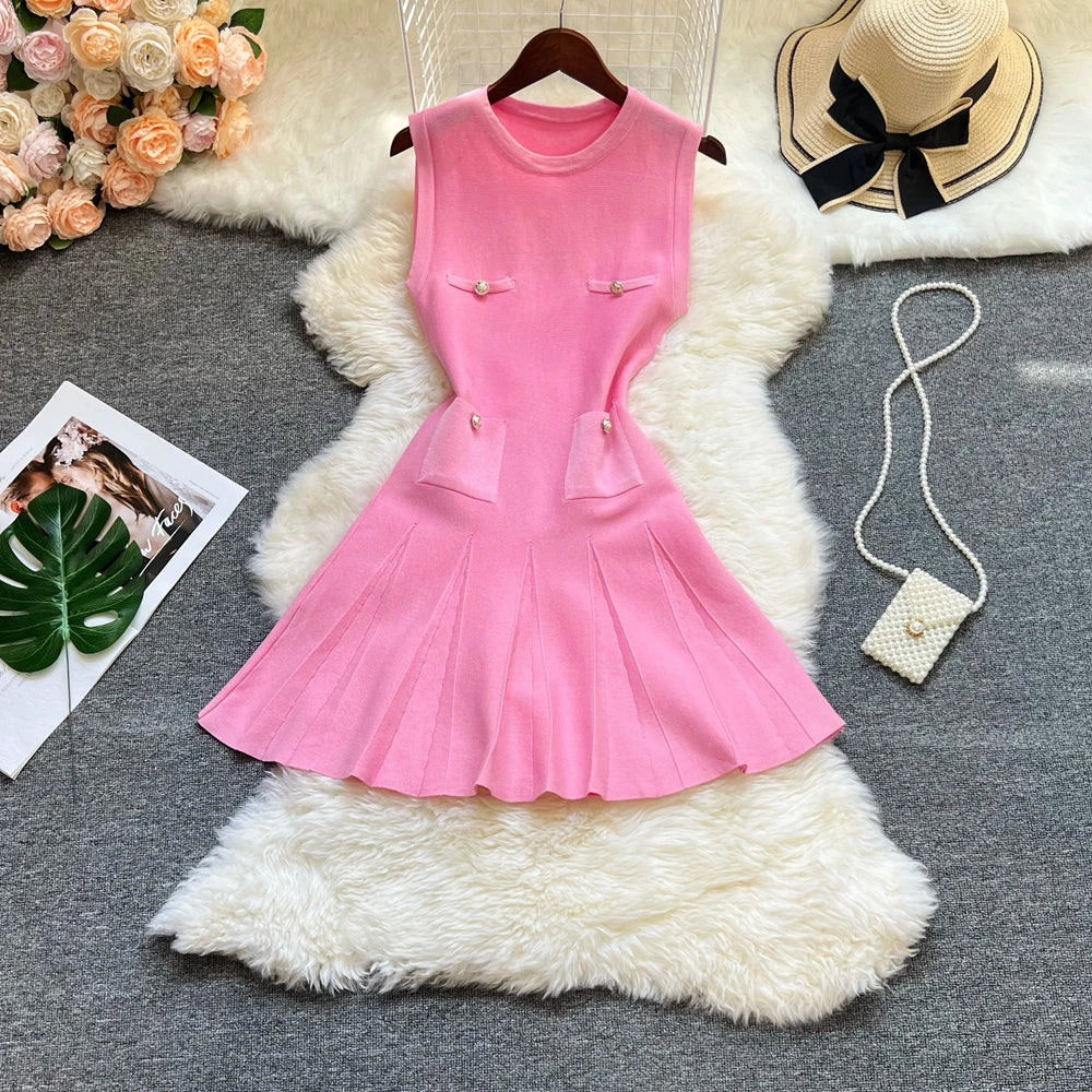 YuooMuoo Chic Fashion 2025 Summer Pleated Short Dress Women O-neck
