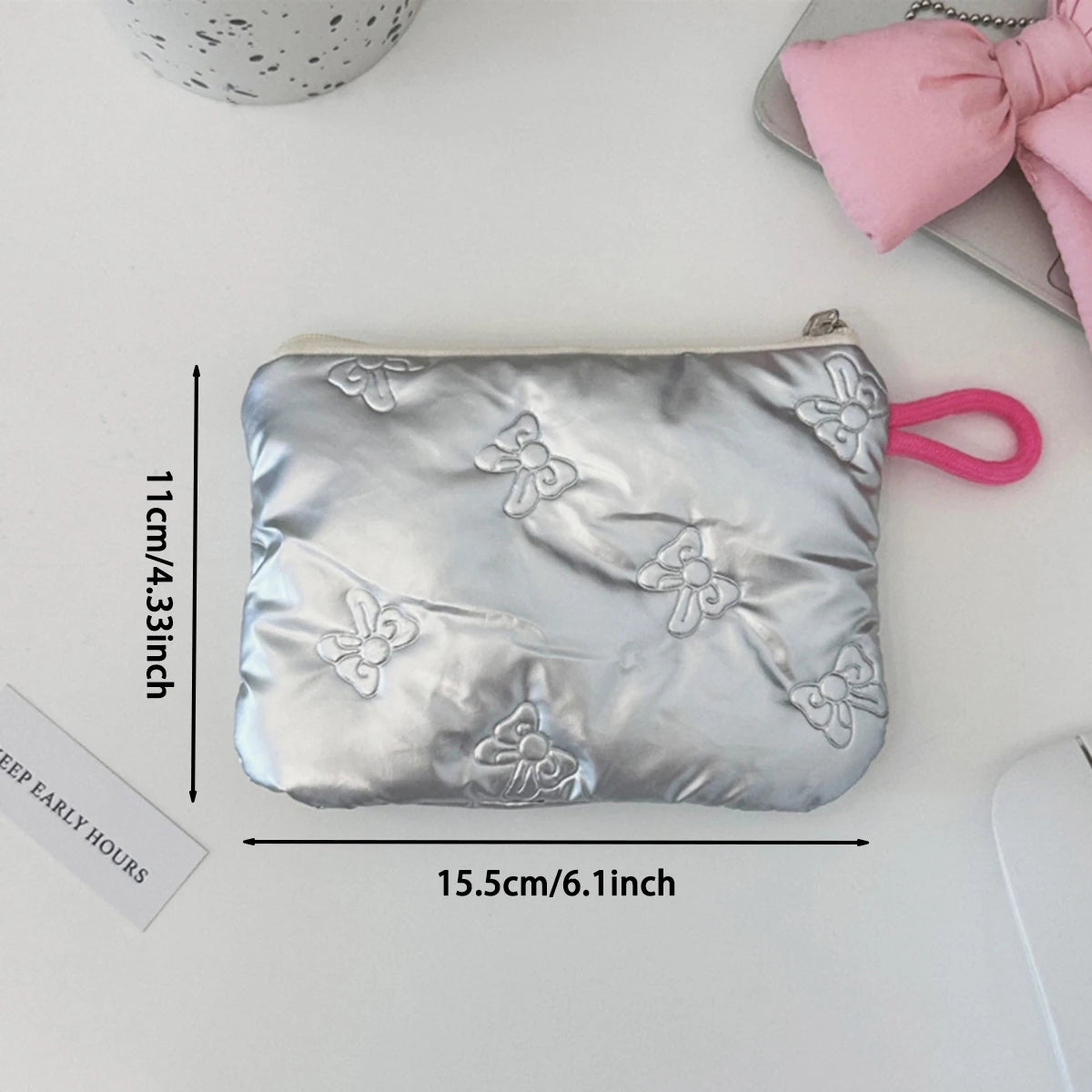 Silver Lingge Bow Pattern Coin Purses Small Canvas Coin Wallet Lady