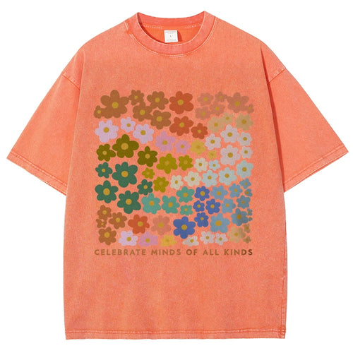 100% Color Flower Letter Print T-Shirt Loose Retro Old Shoulder Wash