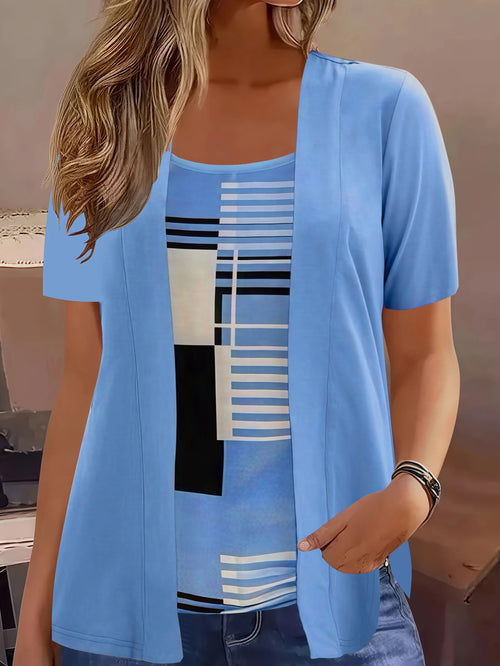 Elegant Geometric Print Mock Two-Piece T-Shirt | Plus Size Womens