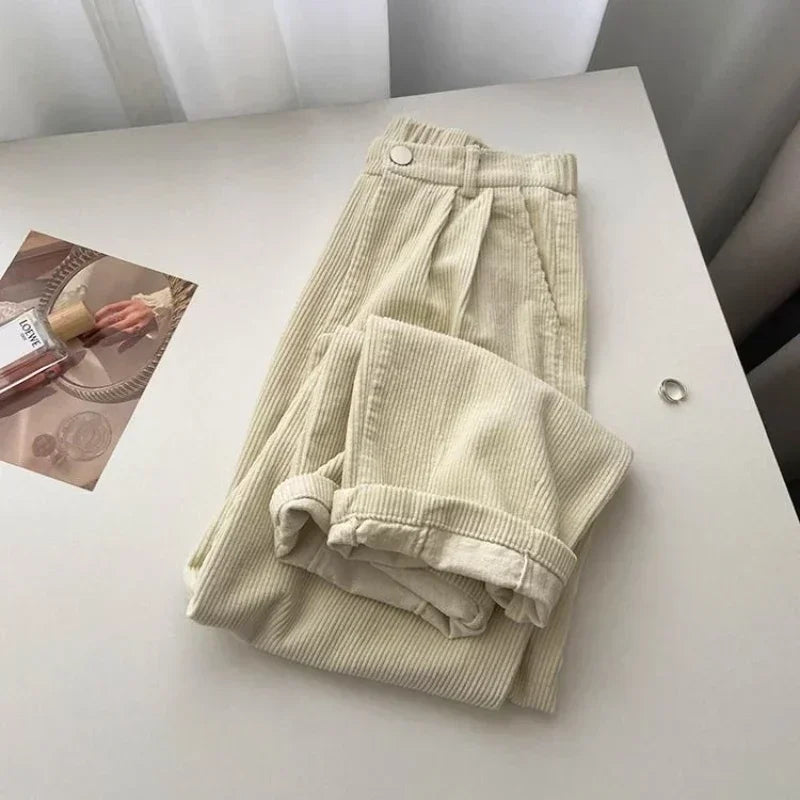 Vintage High Waist Corduroy Pants Women Spring Fall Straight Causal