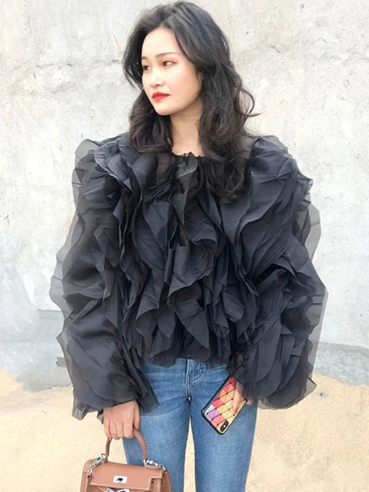TWOTWINSTYLE Elegant Patchwork Ruffles Chiffon Blouses Women O Neck