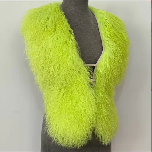 Fluffy Luxury  Real Mongolian Fur Halter Vests Women Solid Deep V-Neck
