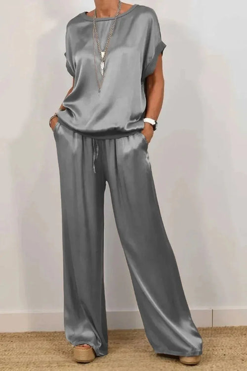 Casual Loose Satin T Shirt Pants Two Piece Sets Women Fashion O-neck