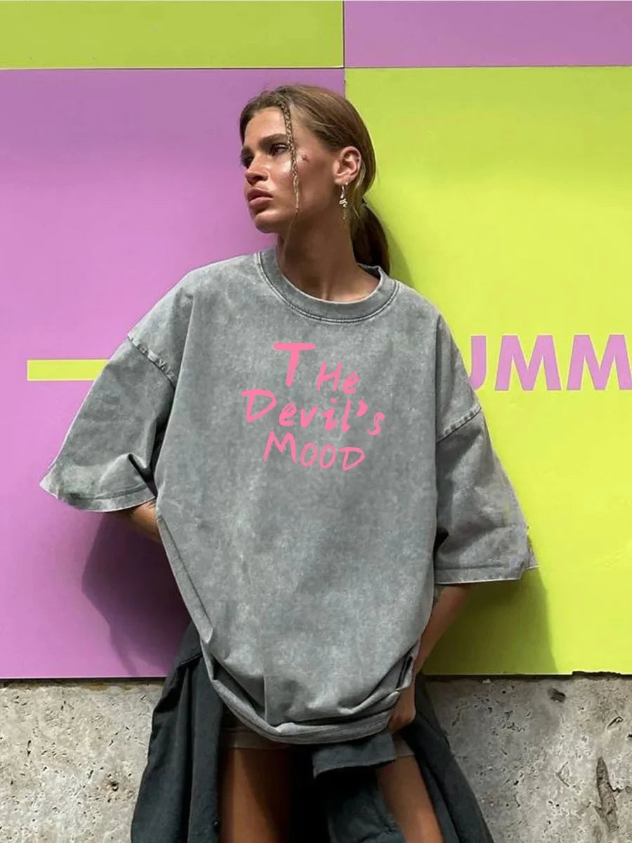 Fashion Womans Cotton Washed T-shirts The Devil's Moon Letter Prints