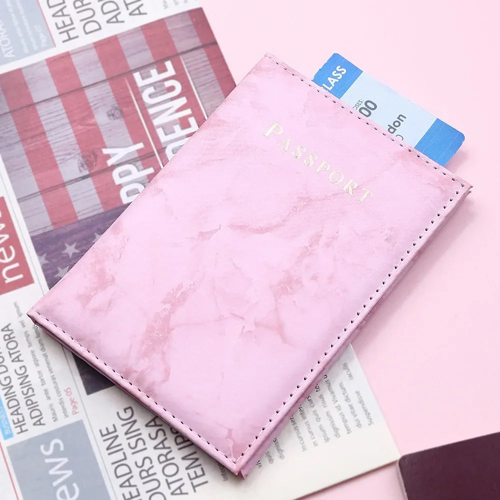 Women Fashion Pink Marble Pattern Travel Passport Cover Holder Bag