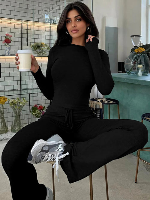 Dulzura Women’S Casual 2 Piece Pants Set Long Sleeves Bodycon Crop Top
