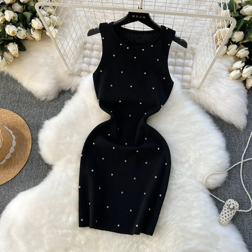 Beading  Summer Women's Knitting Sheath Tank Dress Female Bodycon