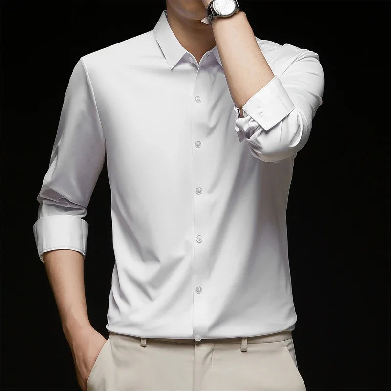 New Men's Business Casual Long Sleeved Solid Color Shirt Wrinkle