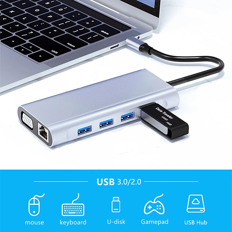 USB Type C Hub 11 in 1 RJ45 Lan 4K HDMI-Compatible VGA SD TF USB 3.0