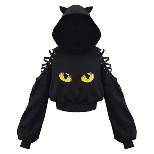 Y2k Gothic Womens Hoodie Cat Ear Crop Top Hooded Sweatshirt Hollow Out