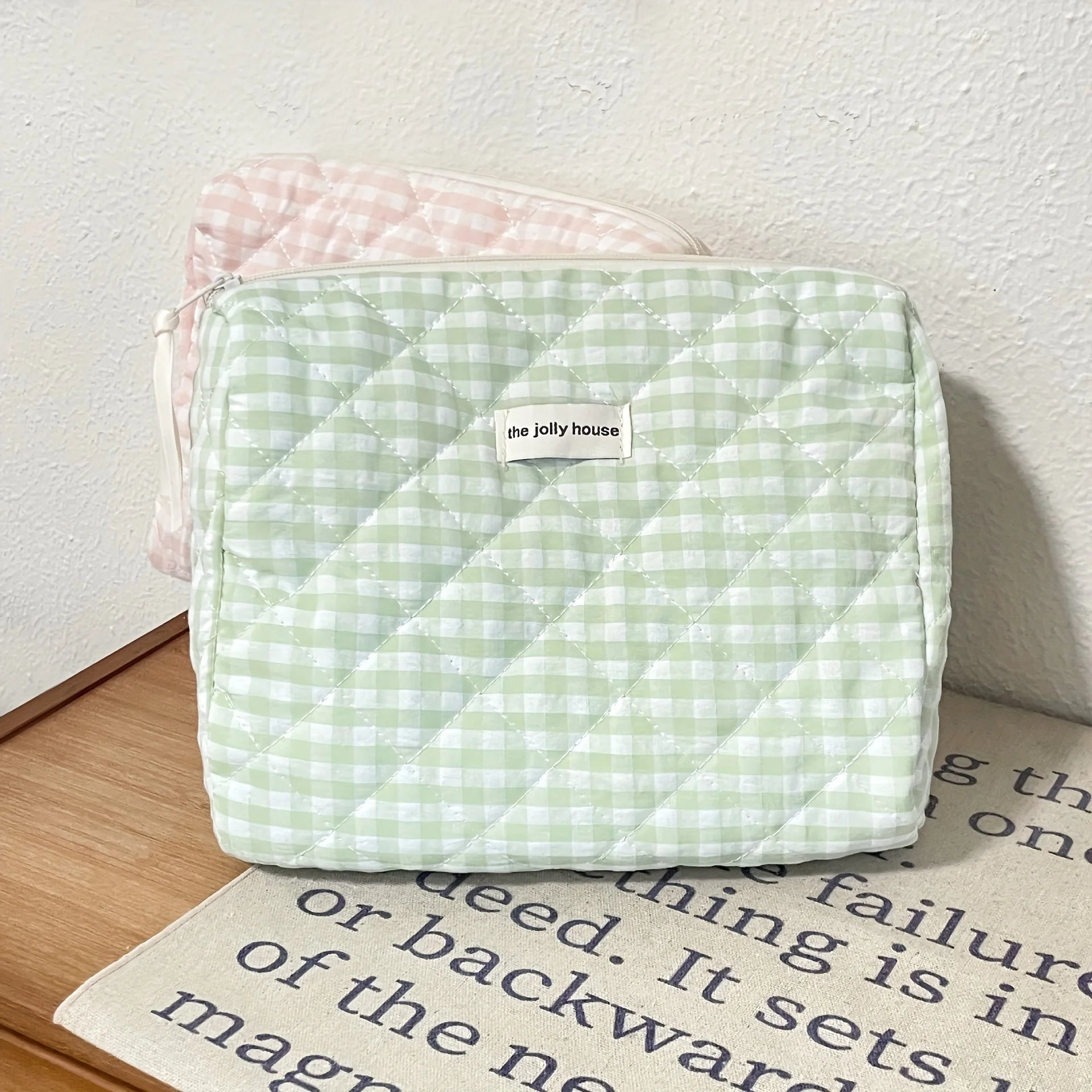 Solid Color Plaid Makeup Bag Travel Cosmetic Pouch Large Soft Cosmetic