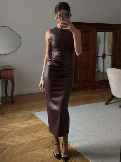 Tossy PU Sexy Fashion Maxi Dress For Women High Waist Sleeveless Slim