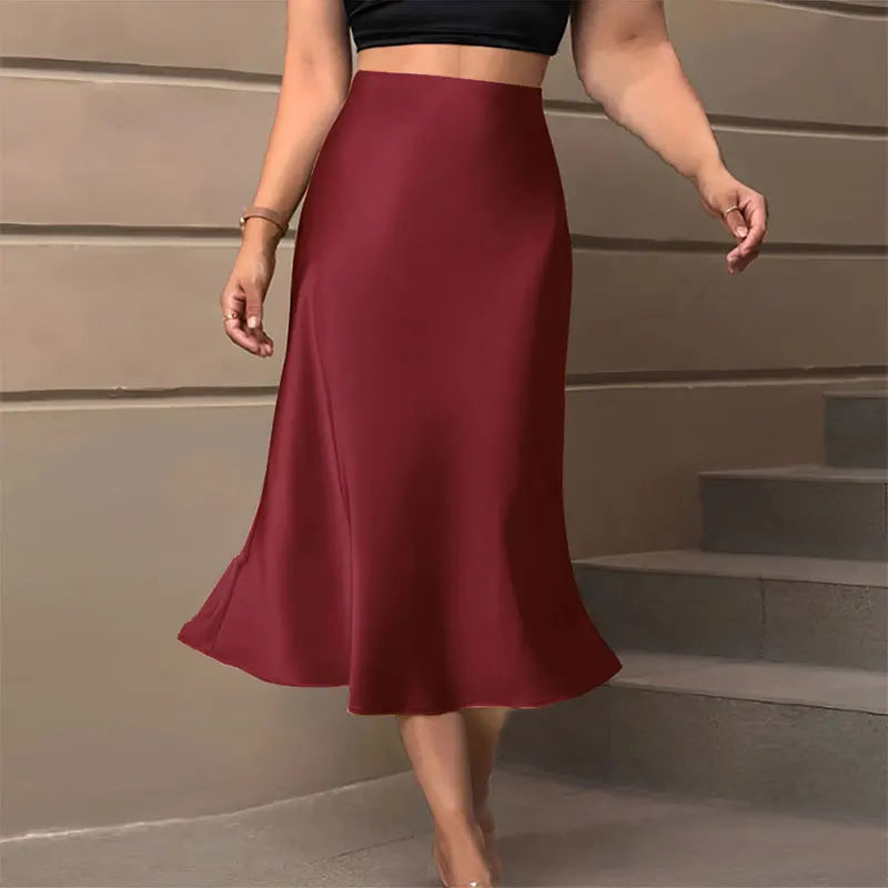 Satin Skirts for Women Korean Style Champagne Office High Waist A-line