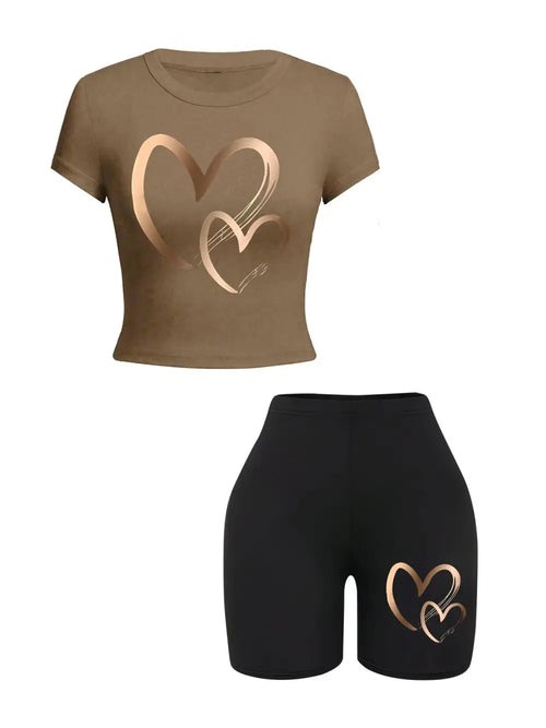 Summer Women Slim-fit T-Shirts & Shorts 2 Pieces Set Simple Hearts