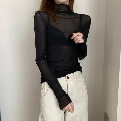 Sexy Women T Shirt See Through Transparent Mesh Tops Long Sleeve Sheer