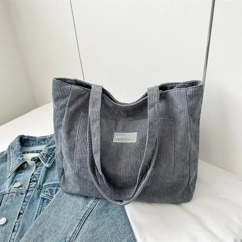 Large Capacity Shoulder Bag Trendy Corduroy Tote Bag Solid Color