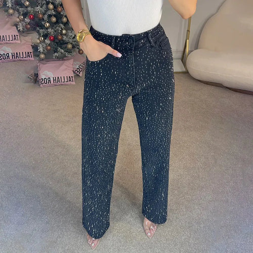 Y2k Women Shiny Rhinestone Denim Pants Wide Leg Straight Full Diamond