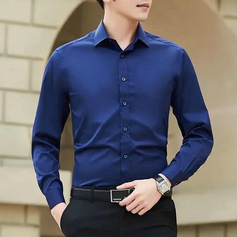 New Plus Size 8XL Men Solid Color Business Shirt Long Sleeve Shirt