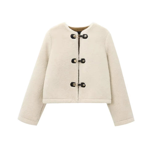 TRAF-Thick Warm Faux Fur Jacket for Women, Long Sleeve Coat, Front