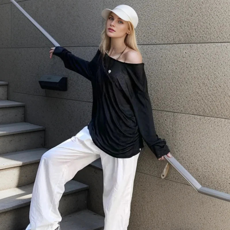 Sexy Sheer Baggy T-shirt for Women 2024 Summer Casual Fashion Loose
