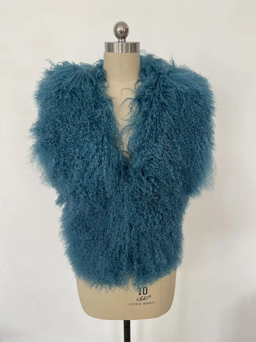 Fluffy Luxury  Real Mongolian Fur Halter Vests Women Solid Deep V-Neck